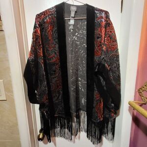 Chicos Traveller's Collection Burnout Velvet Fringe Robe